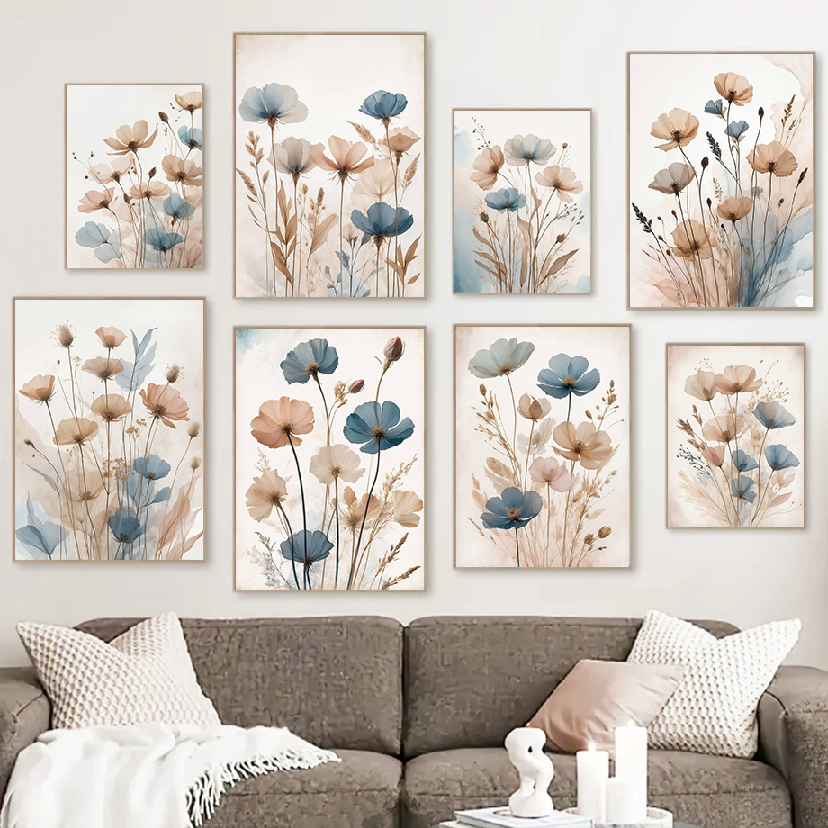 Resin Art With Flowers - Vintage Blue Beige Wild Flowers Minimal